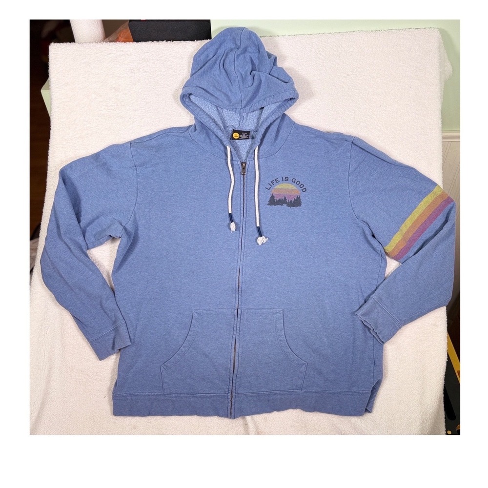 Life is Good Womens XXL Blue Full Zip Hoodie Rainbow Sleeve Sunset Graphic - Picture 2 of 12